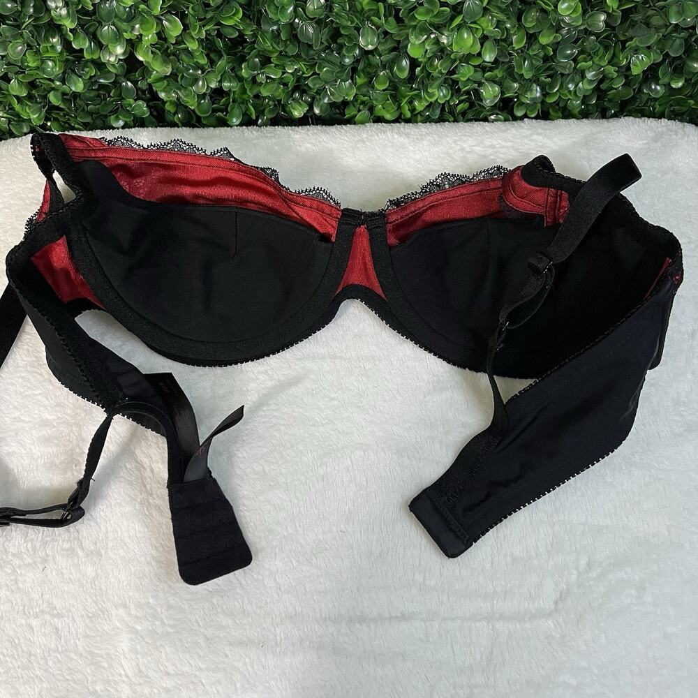 FREDERICK'S OF HOLLYWOOD BLACK RED OPEN CUP LACE BRA = 40B= Push Up - Picture 3 of 4